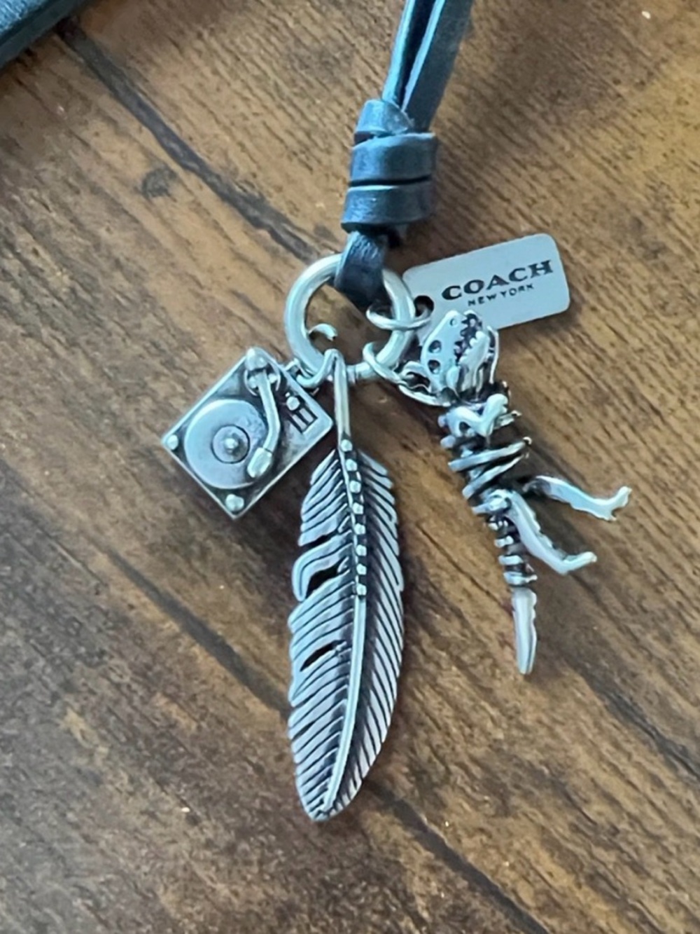 COACH Silver Charm Necklace ~ Rexy/ Record Player/ Feather on Black Leather Adj
